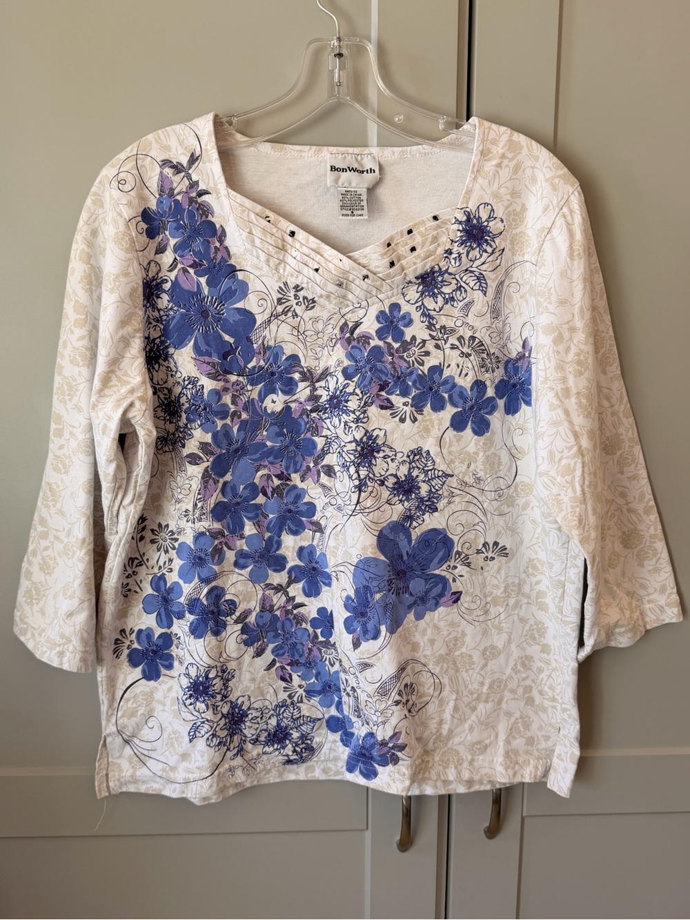 Vintage Y2K BonWorth Blue Floral Rhinestone 3/4 Sleeve Top Size Small